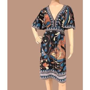 BCBG MAXAZRIA Colorful Multi Print Dress Tie Back Flutter Sleeve Size L $149